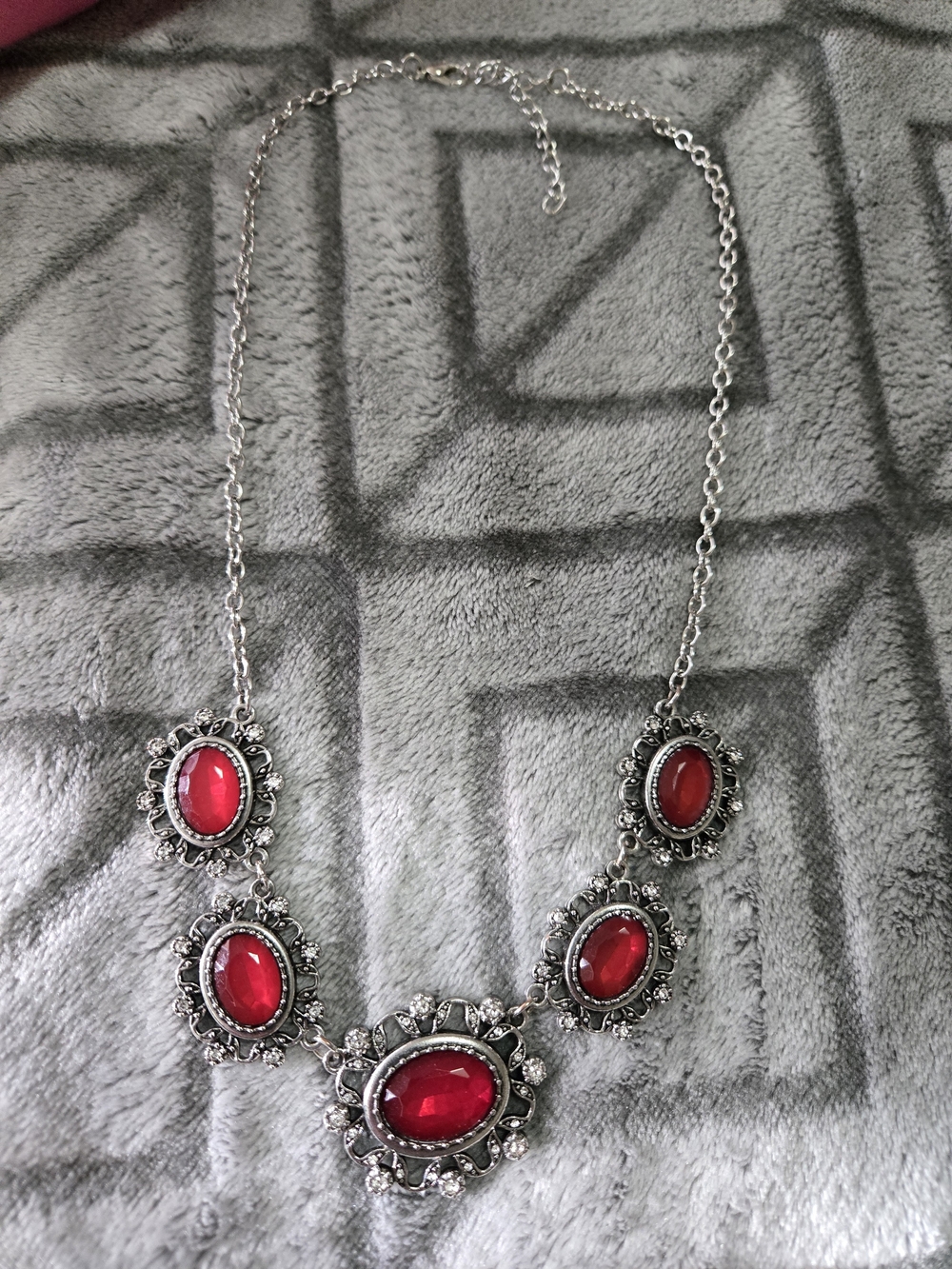 Silver Statement Necklace with Red Cabochon Stones